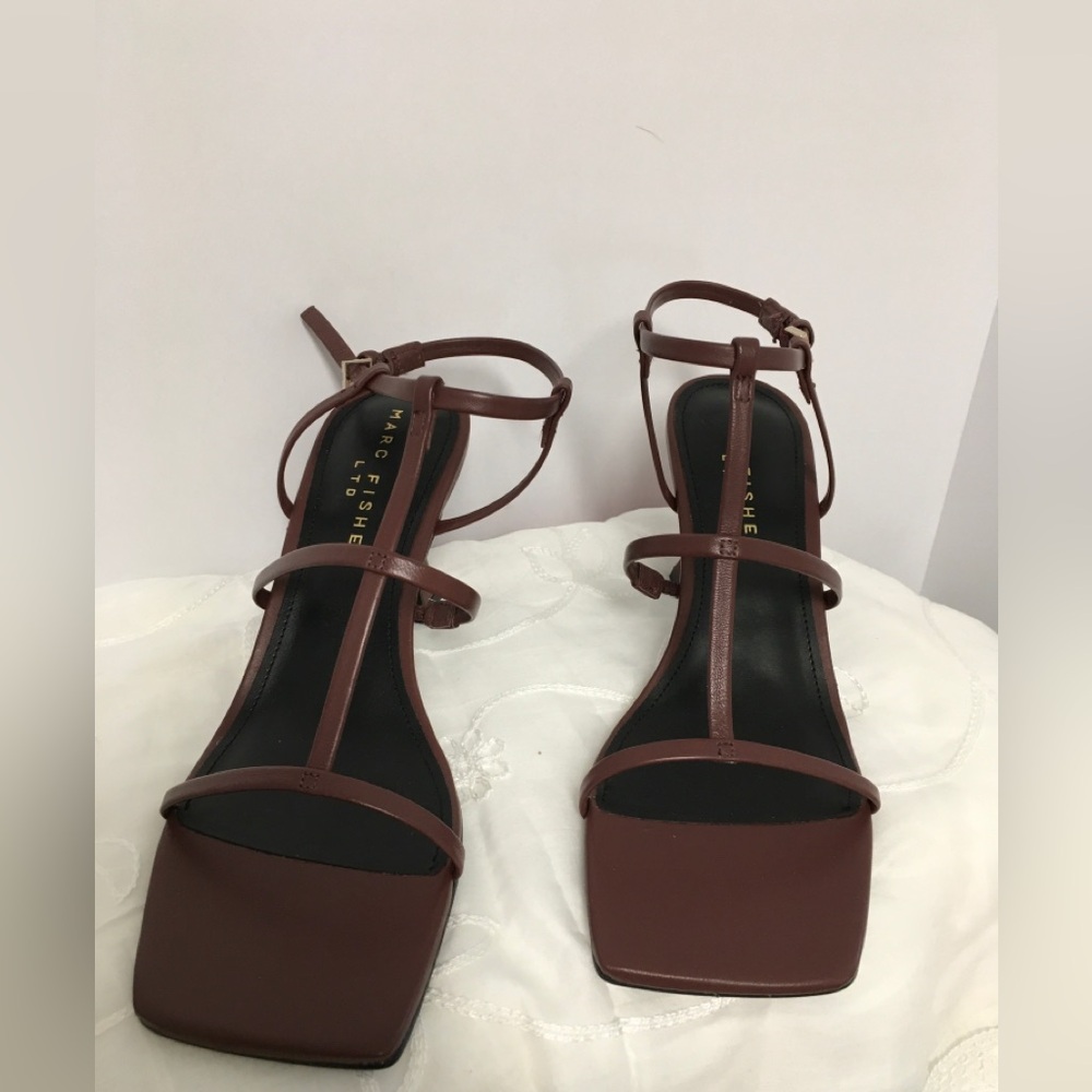 Marc Fisher Dennie Dark Red Strappy Square-Toe Heeled Sandals